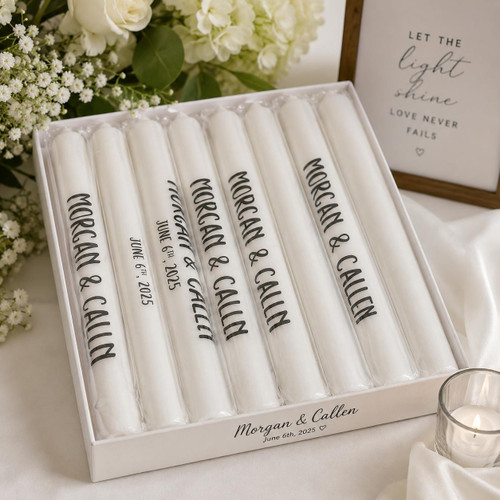Customized Blue LED Foam Glow Sticks | Flashing Foam Sticks - Extreme Glow, set of white illuminated foam sticks with personalized black text for wedding celebration.