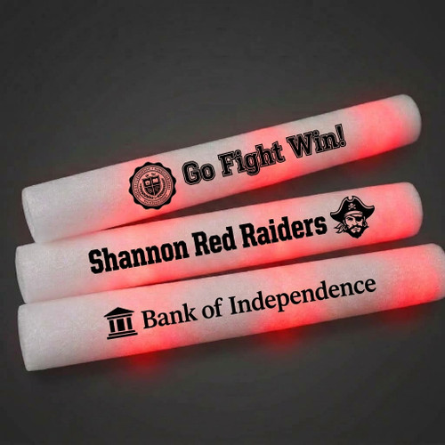 Customized Red LED Foam Glow Sticks, flashing foam sticks for celebrations, with measurements of 10.75 x 2.7 inches.