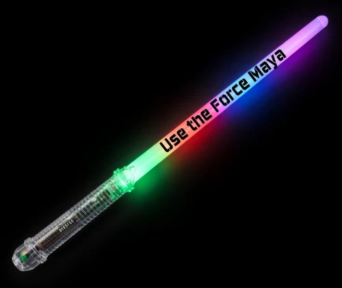 Customized color-changing LED light saber with personalized 'Use the Force Maya' text on the blade