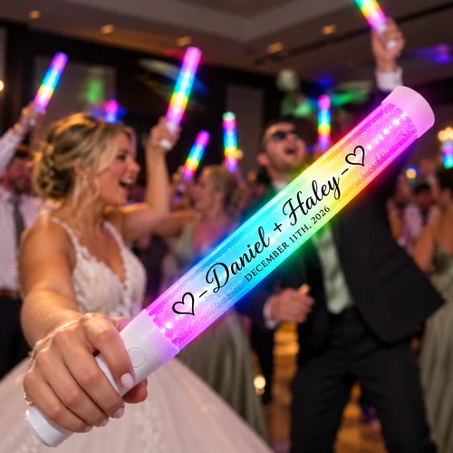 Sound Activated LED Wand in action at a wedding reception, shown with a full-color custom print
