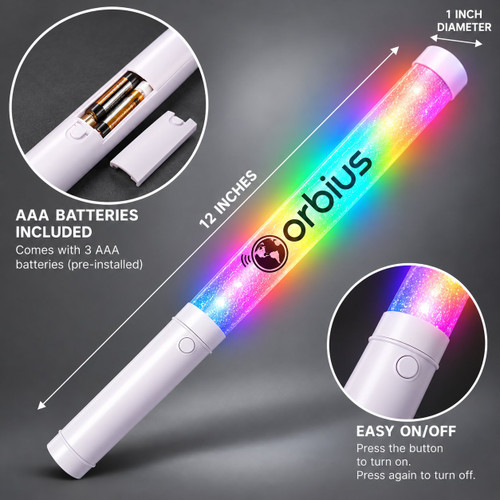 Battery guide: 3 AAA batteries included and pre-installed, easy on/off button, 12 inches long, 1 inch diameter