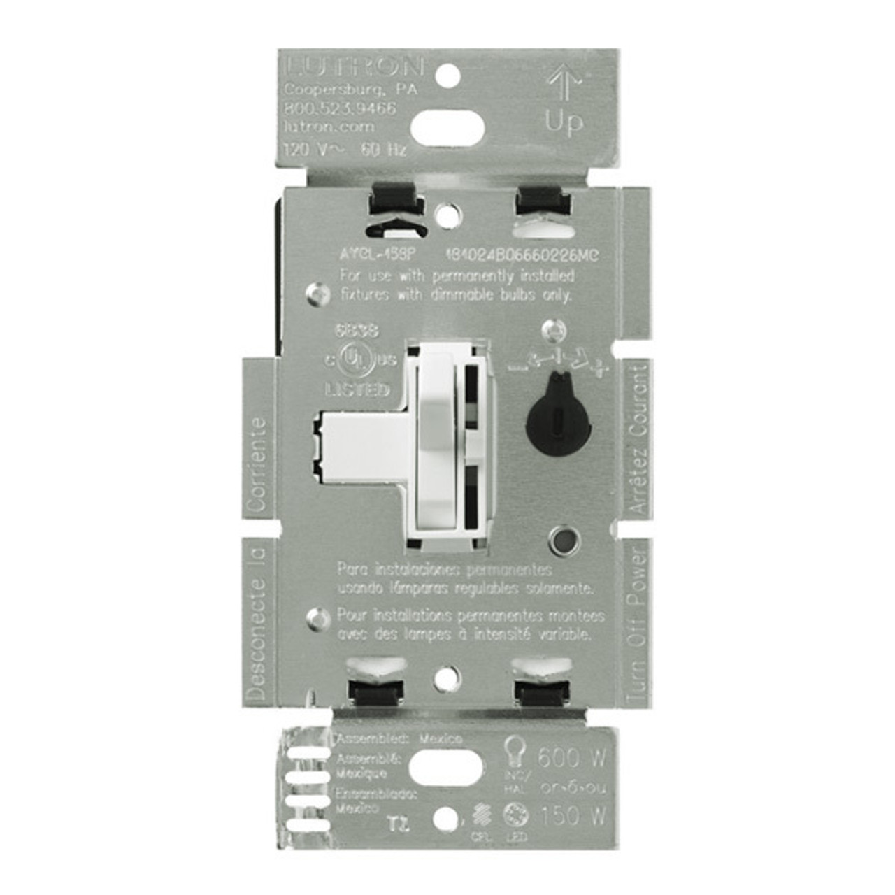 LUTRON WHITE CFL/LED DIMMER 250W CFL/LED 600W MAX INCANDESCENT - LUTRON AYCL-253P-WH