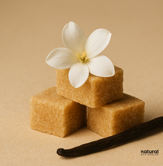 Three golden brown sugar cubes stacked neatly on a beige surface, topped with a white jasmine flower and accompanied by a single horizontal vanilla bean pod, creating a warm, natural fragrance-inspired composition.