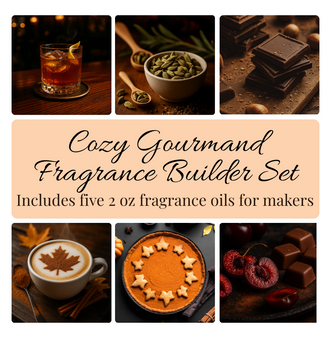 Flat lay of the Cozy Gourmand Fragrance Builder Set showing six warm, dessert-inspired fragrance oils with images of maple latte, pumpkin pie, chocolate, and cherries.