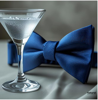 Elegant still life featuring a chilled martini glass with condensation next to a textured royal blue bow tie on a smooth white surface – symbolizing the refined and masculine essence of Layton Affair Fragrance Oil by Natural Bulk Supplies.