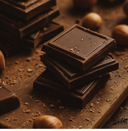 Dark chocolate squares stacked on a rustic wooden board, surrounded by whole hazelnuts and cocoa shavings – evoking the warmth of cocoa and woods.
