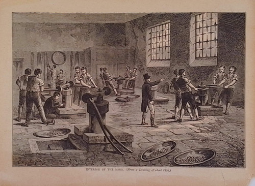 1880 woodcut print of Interior of the Mint, London