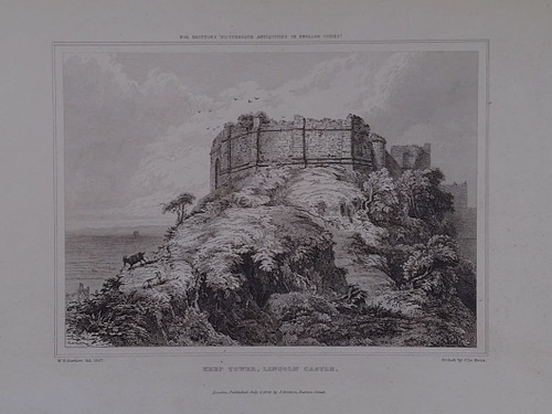 Antique print of Keep Tower, Lincoln Castle - published 1828