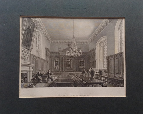 Antique print of The Hall, Queens College, Cambridge - published 1841