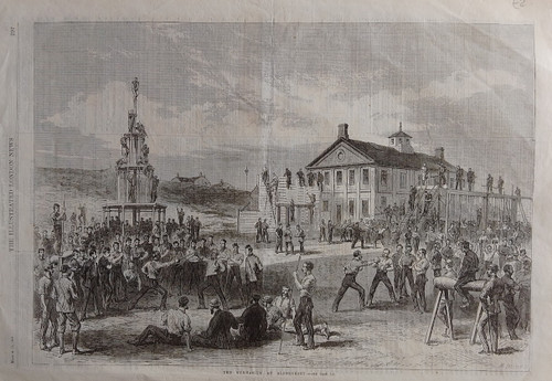 Gymnasium at Aldershot - Victorian military woodcut print from The Illustrated London News