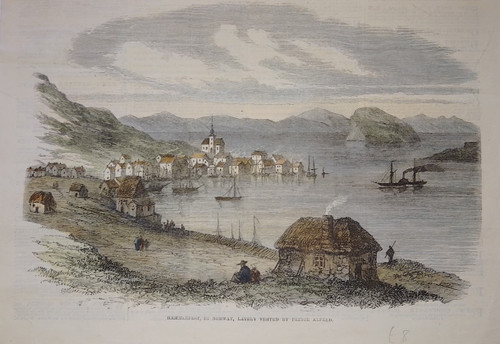 Antique woodcut print of Hammerfest, Norway - published 1864, hand coloured