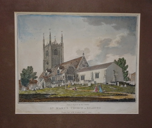 Antique print of St Mary's Church, Reading, Berkshire - published 1802