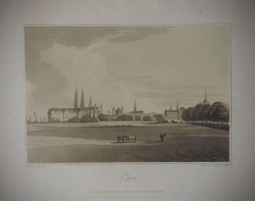 Antique aquatint print of Caen, northern France - published 1803 (scarce print)