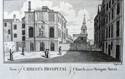 Antique print - view of Christ's Hospital & Church, nr Newgate St. London - published 1784
