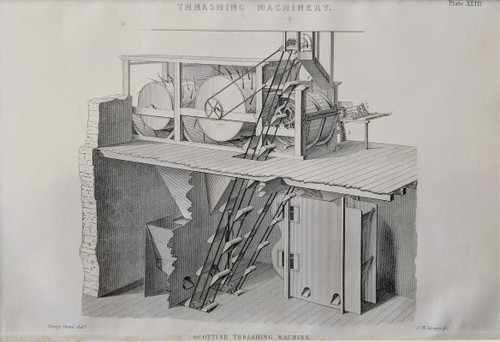 copper engraved antique print, THRASHING MACHINERY, 1830