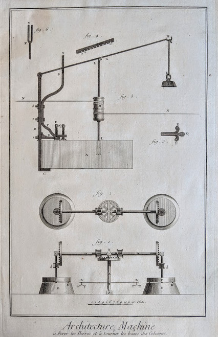 French antique print: 'Architecture', (machine for forming the stones etc) - 1760s