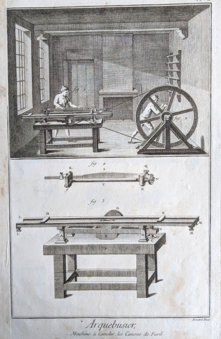 antique print, (French), 1760s - ARQUEBUSIER (GunMaker) - 'Machine a Caneler les Canons de Fusil'*