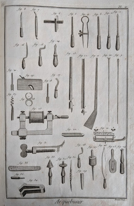 Antique print, French, 1760s - ARQUEBUSIER (Gun Maker): tools 