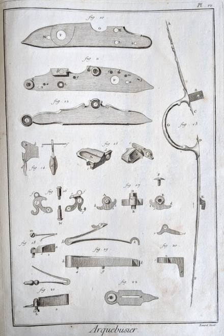 Antique Print, (French), 1760s - ARQUEBUSIER (Gun Maker):  'exploded' view of a firing mechanism