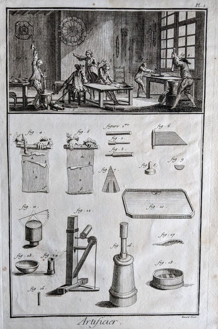 French antique print - "Artificier" (Firework maker) - published 1760s