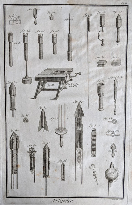 "Artificier" (Firework Maker): Rockets - French antique print, published 1760s