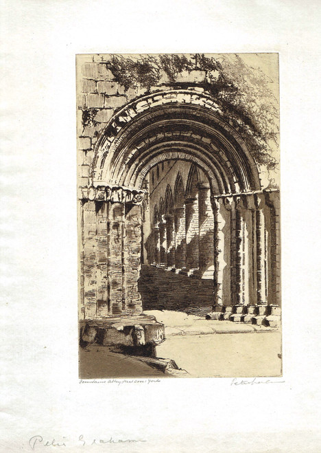 'FOUNTAINS ABBEY, YORKSHIRE' - signed etching, Peter Grahame