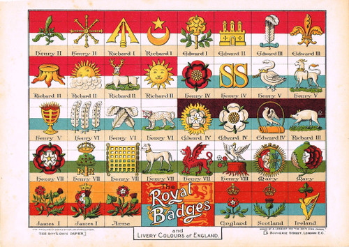 THE ROYAL BADGES AND LIVERY COLOURS OF ENGLAND  - vintage print (chromolithograph)  c.1900