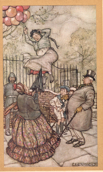 The lady with the balloons just outside Kensington Gardens, being tossed up in the wind - an Arthur Rackham 1906 vintage print, from Peter Pan