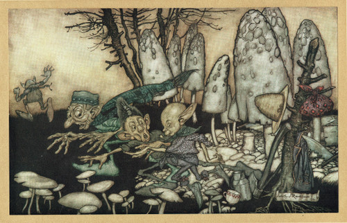 A band of fairy workmen in Kensington  Gardens rushing away - Arthur Rackham vintage print, from Peter Pan 1906