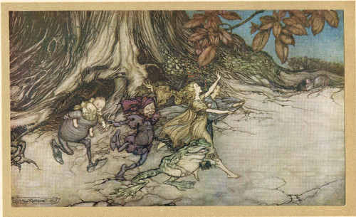 Fairies skipping along in Kensington Gardens - Arthur Rackham vintage print from Peter Pan, published 1906