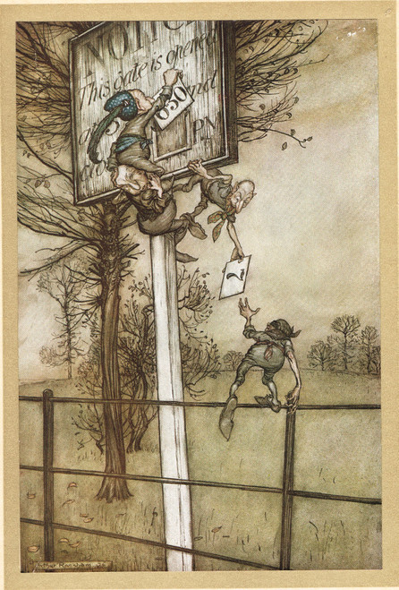 The tricksy fairies in Kensington Park Gardens - an Arthur Rackham vintage print, from Peter Pan