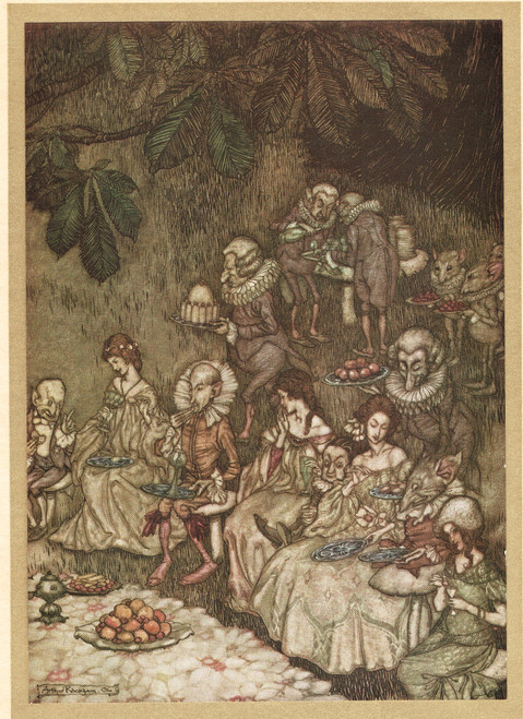 The fairies having a party! - sitting on mushrooms. Vintage print, from Peter Pan,  published 1906