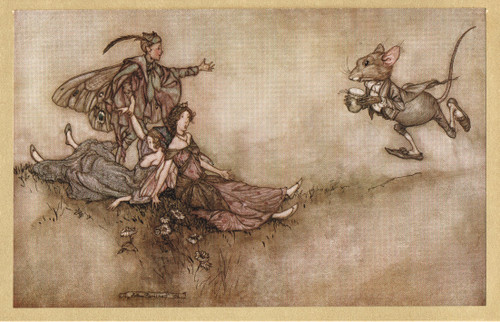 Wallflower juice being brought to the exhausted fairy dancers! - an Arthur Rackham 1912 vintage print, from Peter Pan