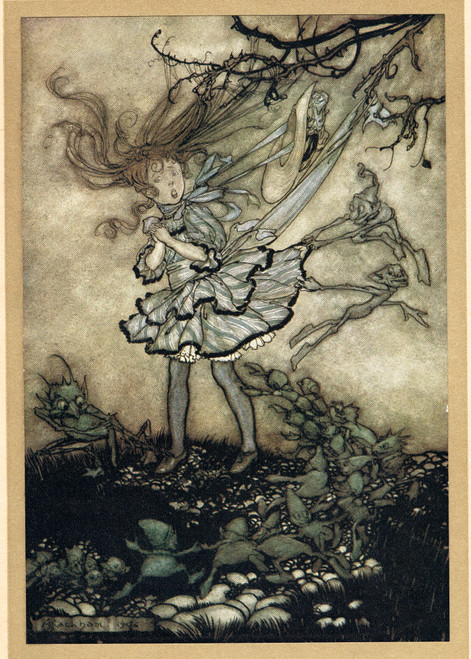 A little girl in Kensington Gardens being teased by the fairies - Arthur Rackham 1906 vintage print from Peter Pan