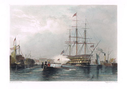 "GOSPORT, FLAG SHIP SALUTING"  antique print, 1842