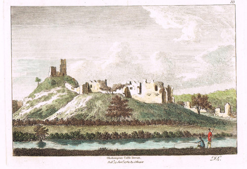 Antique print (hand coloured) of Okehampton Castle, Devon, published 1784
