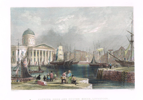 Antique print of Canning Dock and Custom House, Liverpool - published 1842