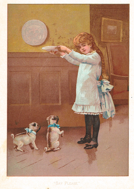 Vintage print by Harriet Mary Bennett of young girl and her 2 pug puppies - published 1887