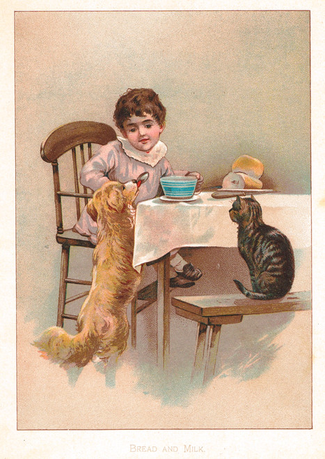 Vintage children's print, 1887 - "Bread and Milk" by Harriet Mary Bennett