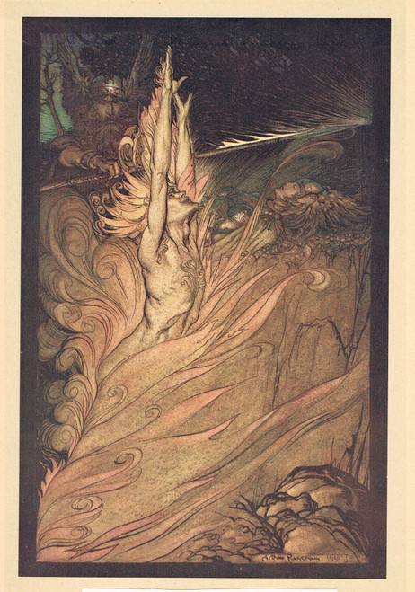 "Wotan appears, flickering fire" - Arthur Rackham vintage print, published 1910
