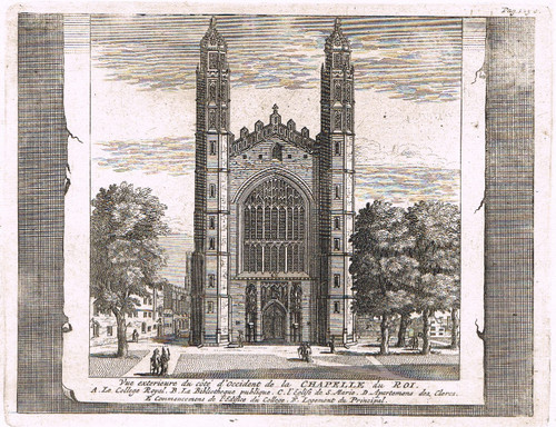 Antique print, published 1707 - Kings College Chapel, Cambridge (exterior view)