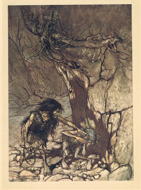 'Mime howling. ''Ohe! Ohe! Oh! Oh! '' ' - The Rhinegold & The Valkeries - Arthur Rackham - 1910.