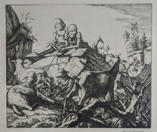 "Peaceful Afternoon" - signed engraved print by Carl Max Schultheiss (c 1940)