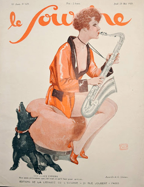 Front Cover - Le Sourire magazine of May 1929, with French lady playing the saxophone, her little black dog howling in accompaniment...