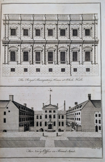 'THE ROYAL BANQUETING HOUSE AND THE NAVY OFFICE' - genuine antique print 1756