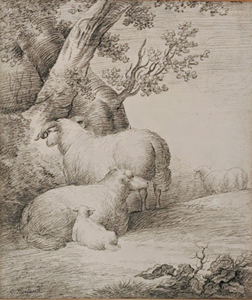 GEORGE MORLAND - 'Sheep at rest by a Tree' (original chalk drawing)