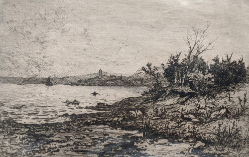 Signed etching by Peter Kerr of Gourock Point from Ashton Shore, west coast of Scotland