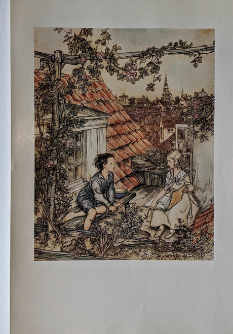 Vintage print, 1932, "Kay and Gerda in their garden high up on the roof", illustration Arthur Rackham