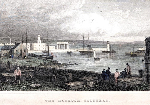 'The Harbour, Holyhead' - antique print, published 1835