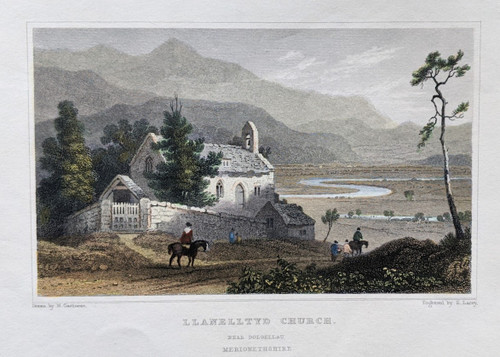 Antique print of Llanelltyd Church, north west Wales - published 1830